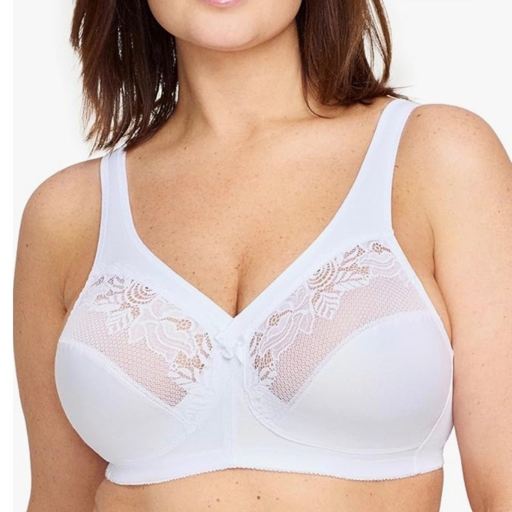 Glamorise MagicLift Full Figure Wirefree Minimizer Support Bra White Lace Sz 40D